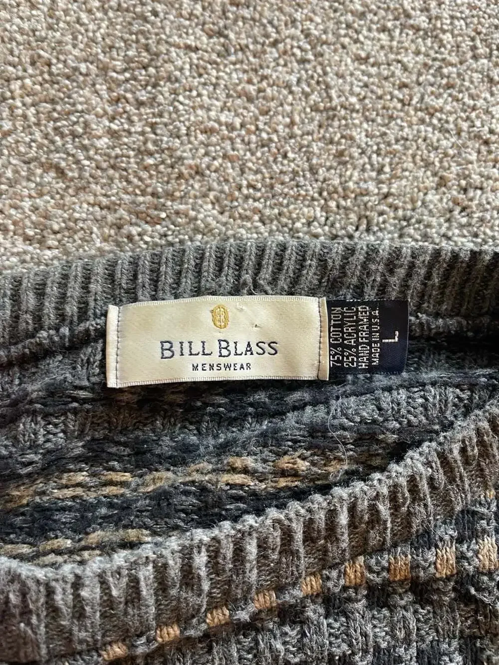 VTG 90s Bill Blass Crewneck Sweater Size L Gray Black Check Grandpa Chunky Knit